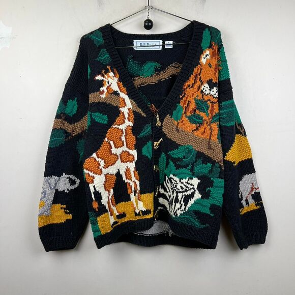 Vintage Sweaters - Vintage Belle Pointe Wildlife safari knit cardigan sweater size medium
